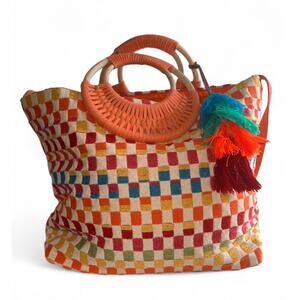 America & Beyond Sunshine Tote Bag Woven Checker Multicolor Tassel Boho Beach